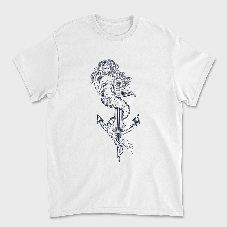 Hand Drawn Mermaid Siren And Anchor, Tricou Barbati (Unisex)