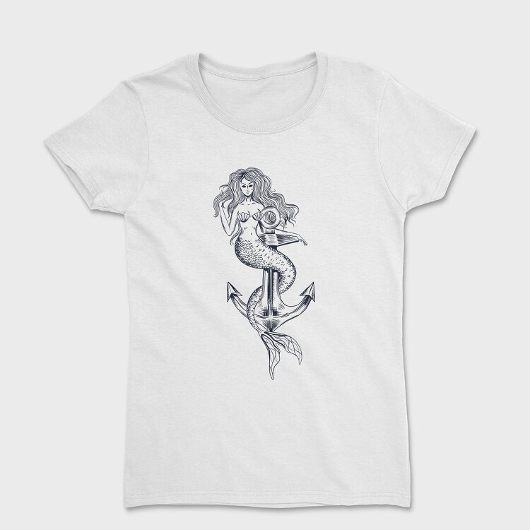 Hand Drawn Mermaid Siren And Anchor, Tricou Femei