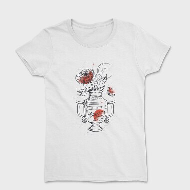 Tattoo Floral Vase Chrysanthemum Moon Red Black, Tricou Femei