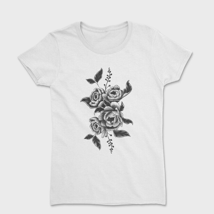 Peony Flower And Leaves Tattoo, Tricou Femei