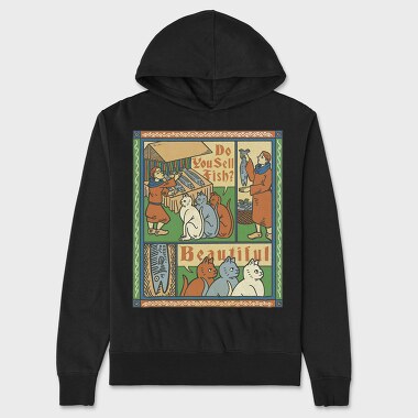Medieval Cat Animal Painting Asking For Fish, Hanorac Oversize Barbati (Unisex)