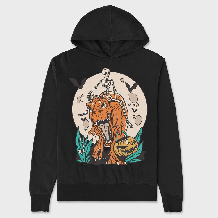 Skeleton Riding T Rex With Pumpkin, Hanorac Oversize Barbati (Unisex)