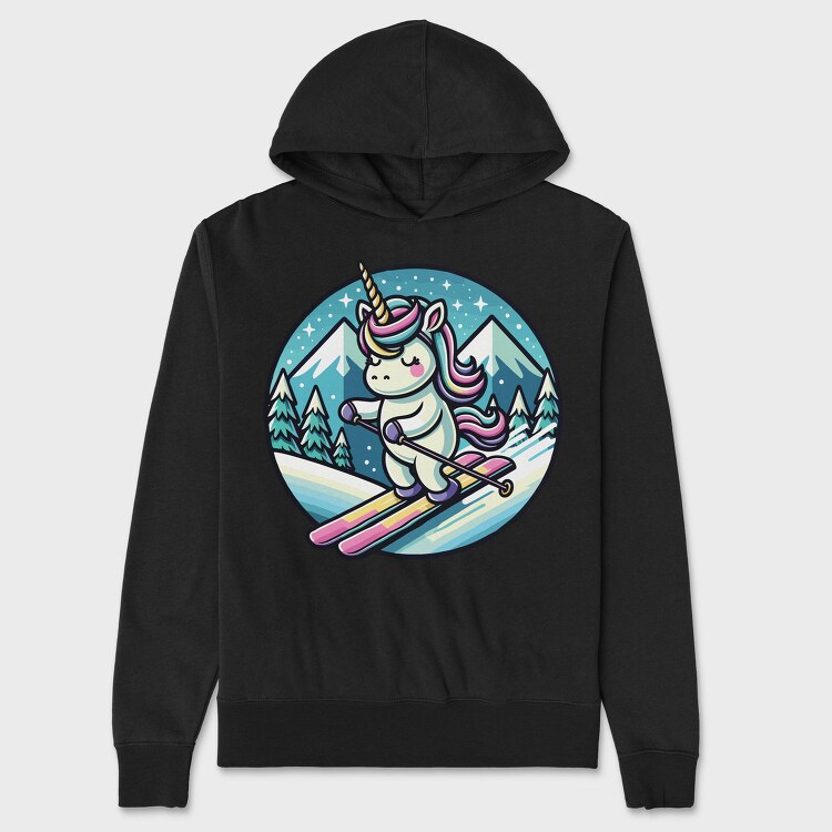 Skiing Unicorn Winter Scene Sky, Hanorac Oversize Barbati (Unisex)