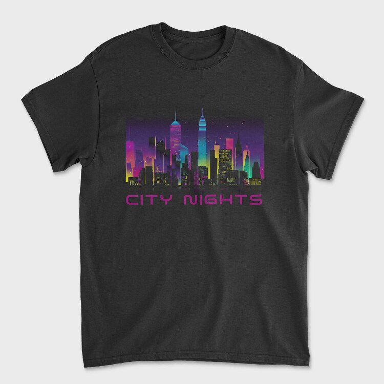 Neon City Skyline City Nights, Tricou Barbati (Unisex)
