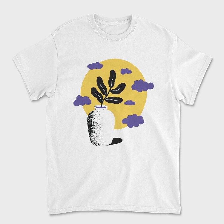 Vase With Plant Nature Flat Clouds, Tricou Barbati (Unisex)