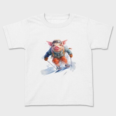 Watercolor Skiing Pig Ski Piggy, Tricou Copii