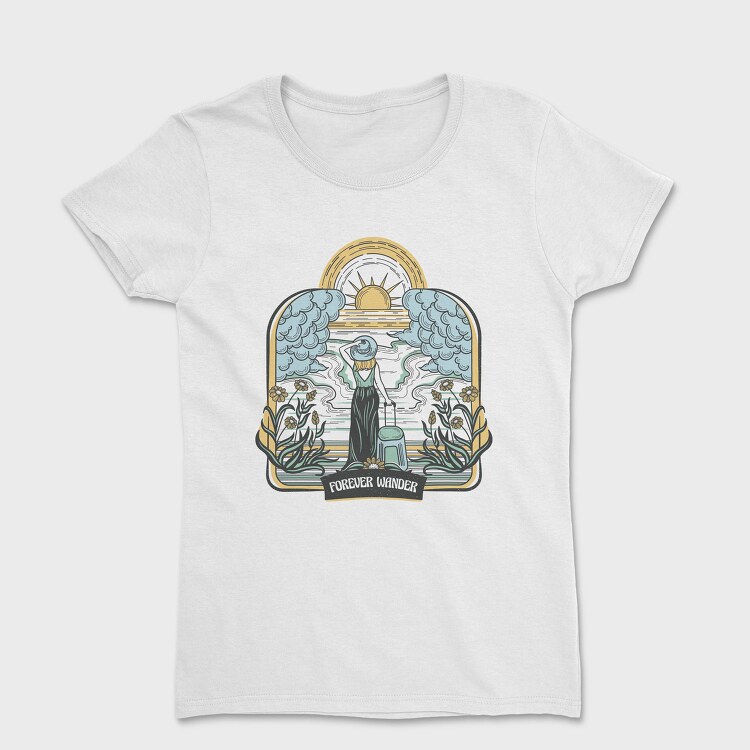 Woman With Suitcase Tote Wanderlust Forever Wander, Tricou Femei