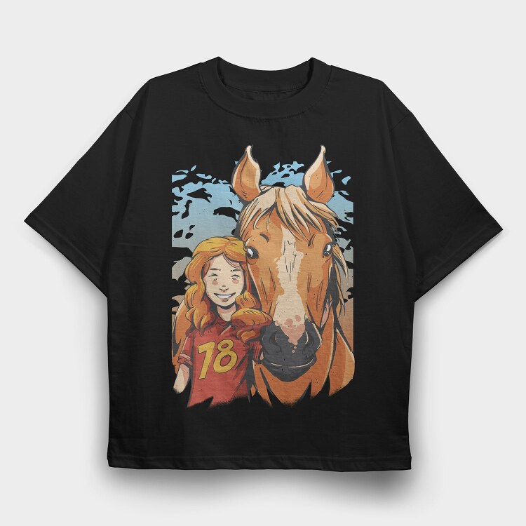 Girl And Horse Portrait Child Friend, Tricou Oversize Barbati (Unisex)