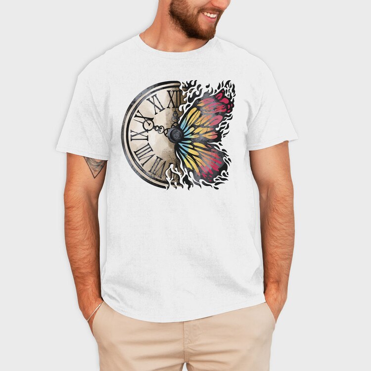 Butterfly And Vintage Clock, Tricou Barbati (Unisex)