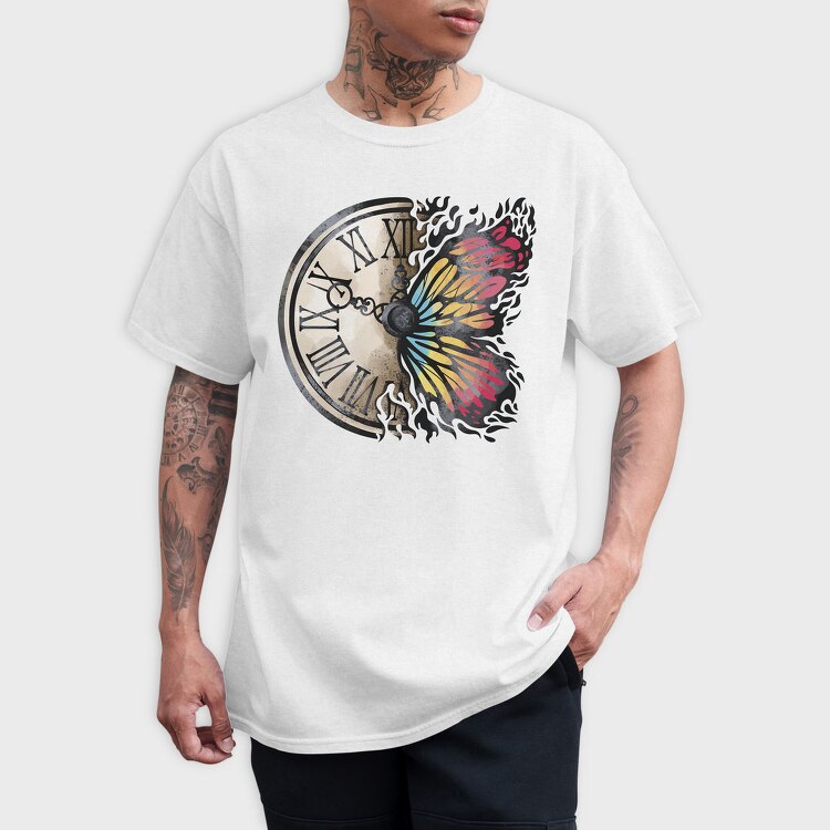 Butterfly And Vintage Clock, Tricou Barbati (Unisex)