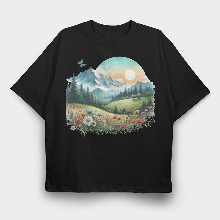 Sunset Mountain Flora, Tricou Oversize Barbati (Unisex)