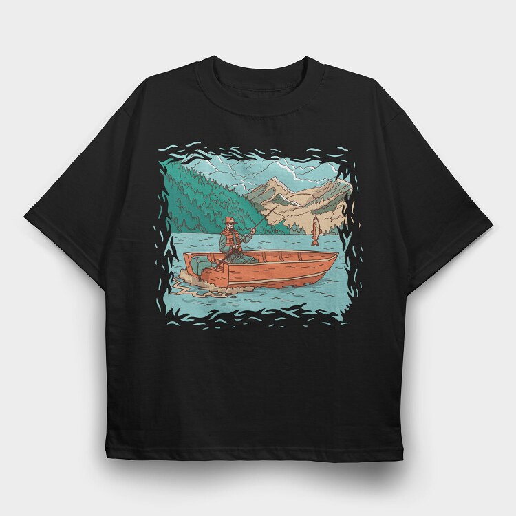 Fisherman In Boat, Tricou Oversize Barbati (Unisex)
