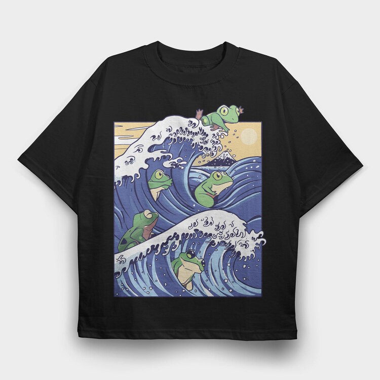 Kanagawa Wave Frogs Japanese, Tricou Oversize Barbati (Unisex)