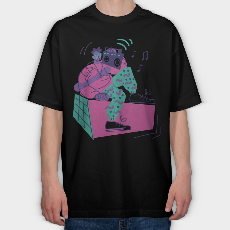 Man With Boombox Retro 80S Character, Tricou Oversize Barbati (Unisex)