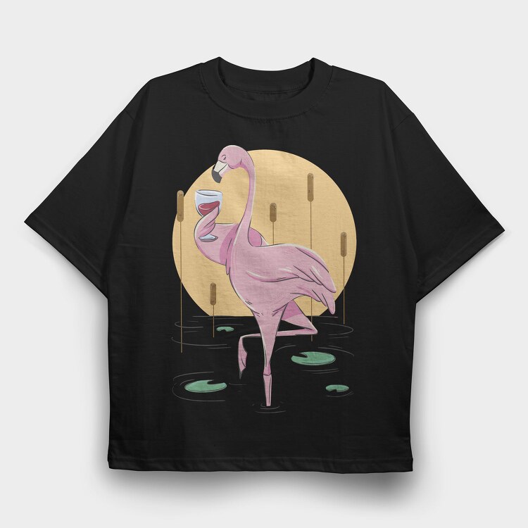 Flamingo Drinking Wine Cool, Tricou Oversize Barbati (Unisex)