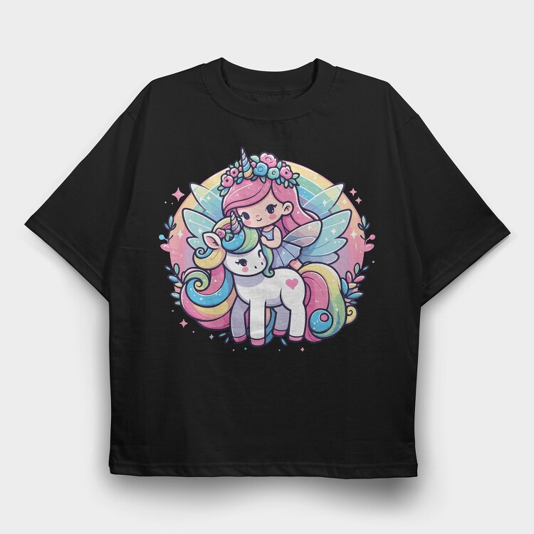 Kawaii Fairy Riding Unicorn, Tricou Oversize Barbati (Unisex)