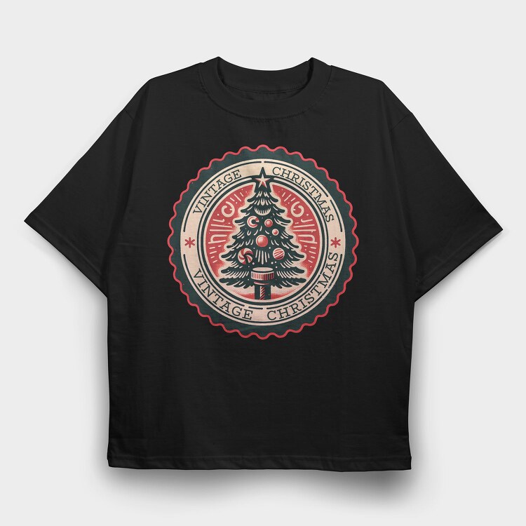 Vintage Christmas Tree Emblem, Tricou Oversize Barbati (Unisex)