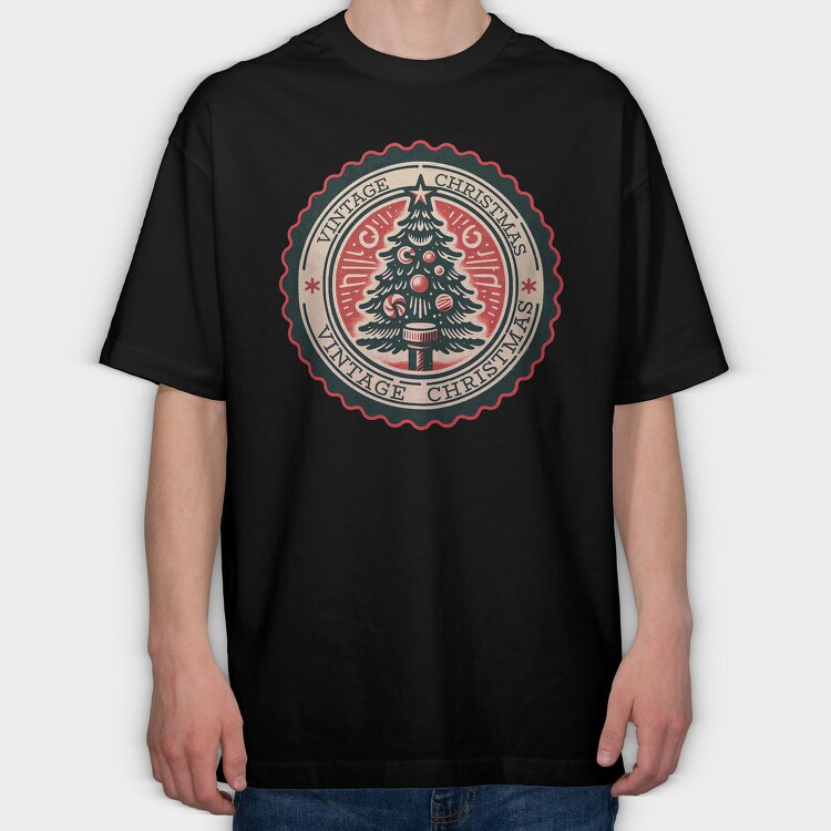 Vintage Christmas Tree Emblem, Tricou Oversize Barbati (Unisex)
