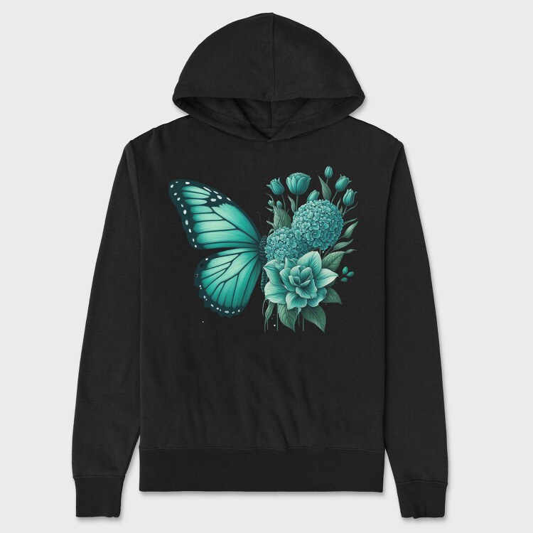 Teal Butterfly Floral, Hanorac Oversize Barbati (Unisex)