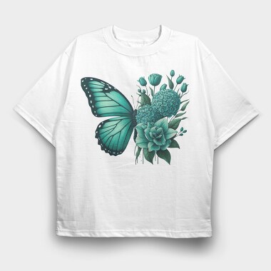 Teal Butterfly Floral, Tricou Oversize Barbati (Unisex)