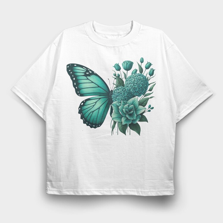 Teal Butterfly Floral, Tricou Oversize Barbati (Unisex)