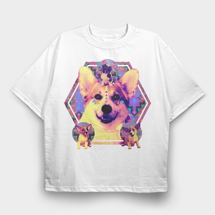 Corgi Psychedelic Collage, Tricou Oversize Barbati (Unisex)