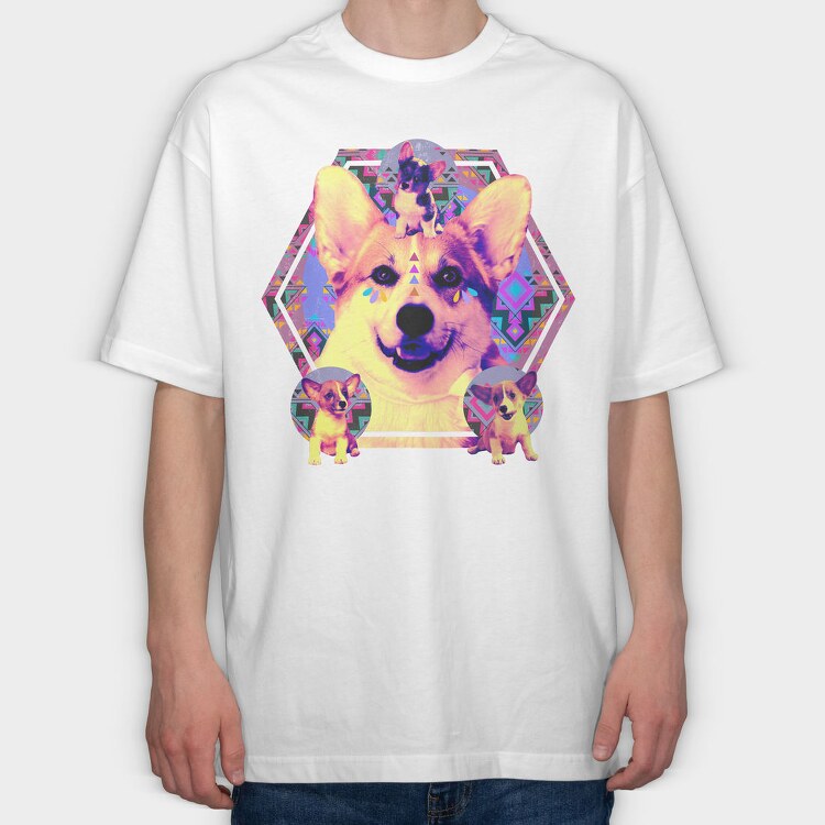 Corgi Psychedelic Collage, Tricou Oversize Barbati (Unisex)