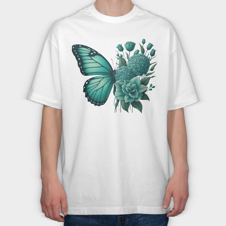 Teal Butterfly Floral, Tricou Oversize Barbati (Unisex)