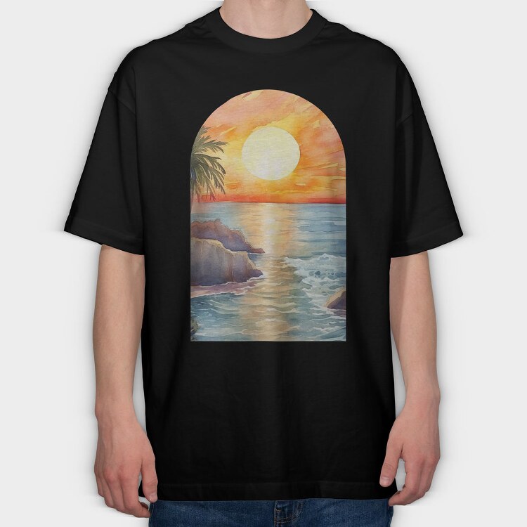 Sunset Ocean Rocky, Tricou Oversize Barbati (Unisex)