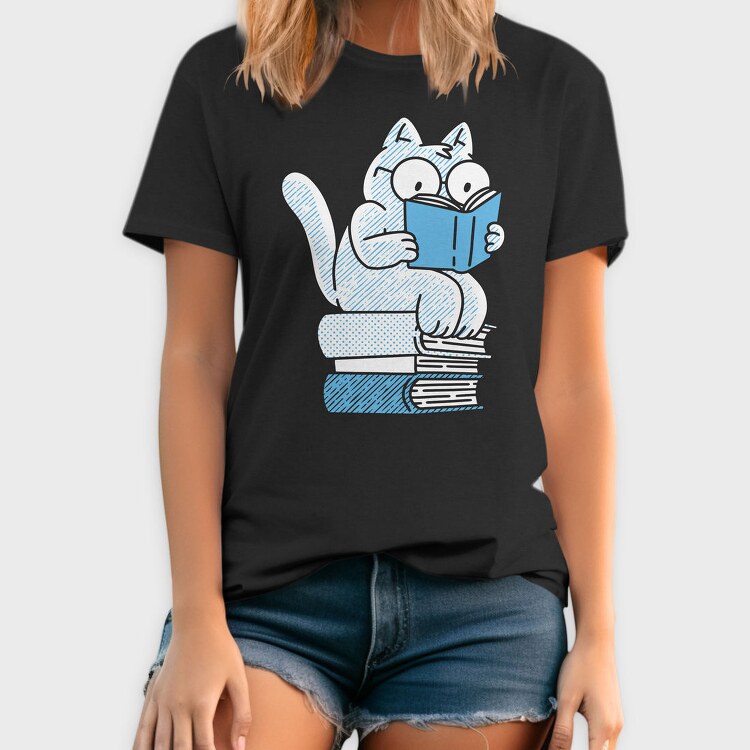 Cat Sitting On Books And Reading, Tricou Barbati (Unisex)