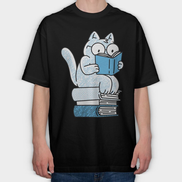 Cat Sitting On Books And Reading, Tricou Oversize Barbati (Unisex)