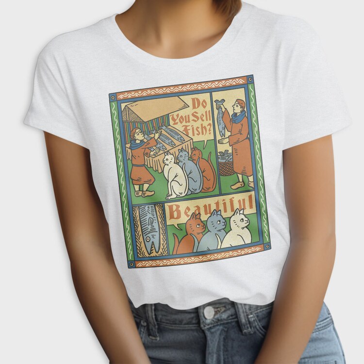 Medieval Cat Animal Painting Asking For Fish, Tricou Femei