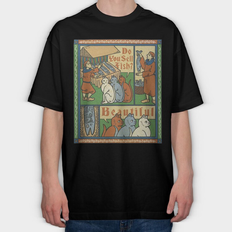 Medieval Cat Animal Painting Asking For Fish, Tricou Oversize Barbati (Unisex)
