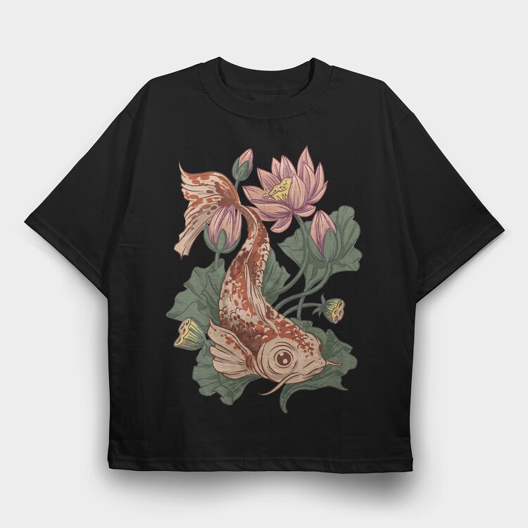 Koi Fish Lotus Illustration 04, Tricou Oversize Barbati (Unisex)