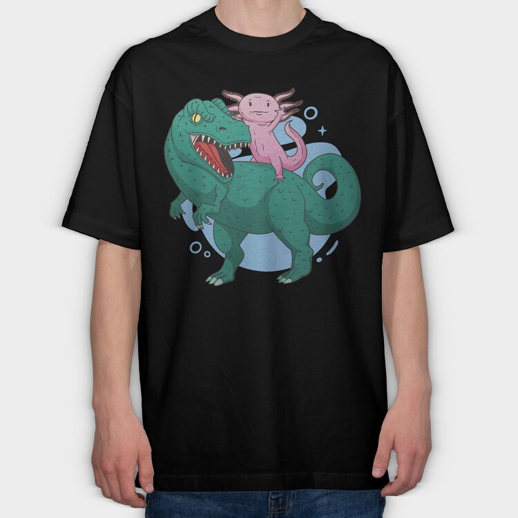 Axolotl Riding Dinosaur Trex, Tricou Oversize Barbati (Unisex)