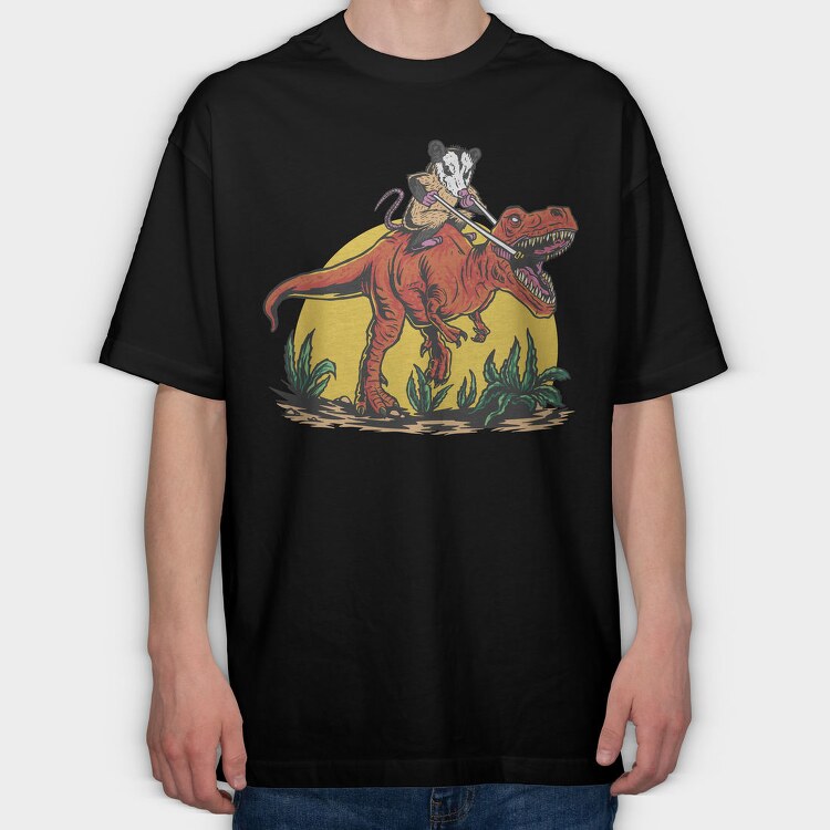 Opossum Riding T Rex Dinosaur, Tricou Oversize Barbati (Unisex)