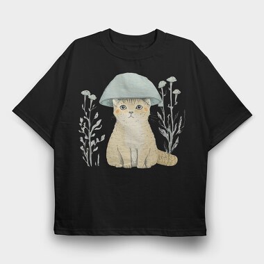 Cat With A Mushroom Hat, Tricou Oversize Barbati (Unisex)