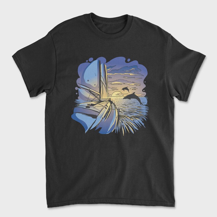Dolphins And Boat Sail Yatch Sunset, Tricou Barbati (Unisex)