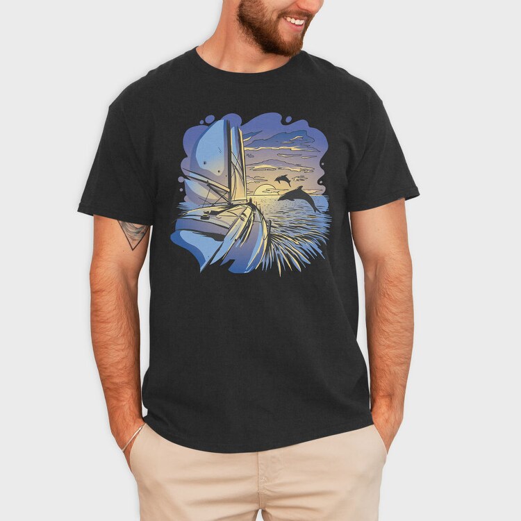 Dolphins And Boat Sail Yatch Sunset, Tricou Barbati (Unisex)