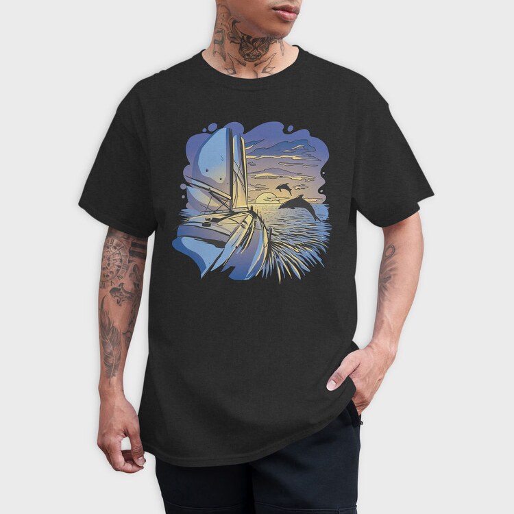 Dolphins And Boat Sail Yatch Sunset, Tricou Barbati (Unisex)
