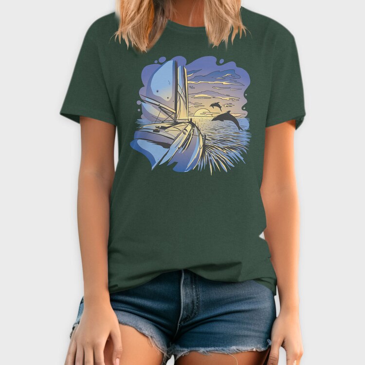 Dolphins And Boat Sail Yatch Sunset, Tricou Barbati (Unisex)