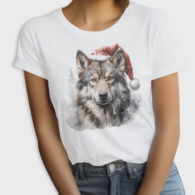 Wolf In Santa Hat Christmas Tote, Tricou Femei