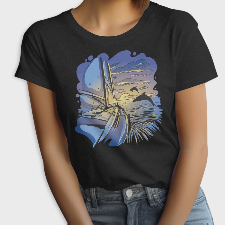 Dolphins And Boat Sail Yatch Sunset, Tricou Femei