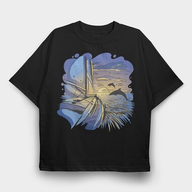 Dolphins And Boat Sail Yatch Sunset, Tricou Oversize Barbati (Unisex)