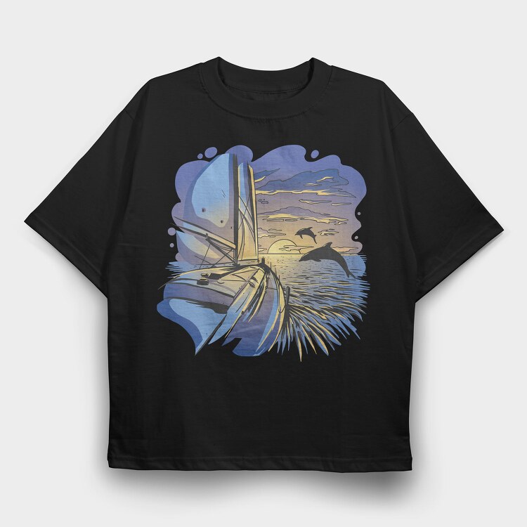 Dolphins And Boat Sail Yatch Sunset, Tricou Oversize Barbati (Unisex)