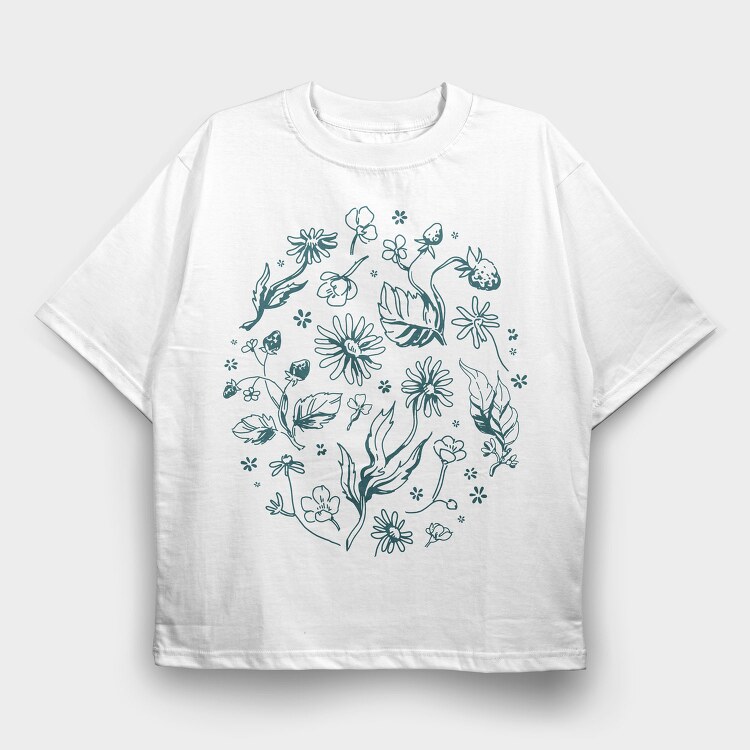 Circle Of Flowers And Leaves Botanical Line Elements, Tricou Oversize Barbati (Unisex)