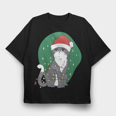 Cat With Fairy Lights Christmas, Tricou Oversize Barbati (Unisex)