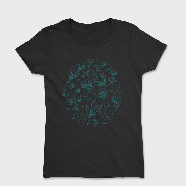 Circle Of Flowers And Leaves Botanical Line Elements, Tricou Femei