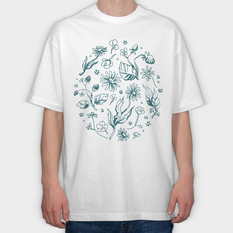 Circle Of Flowers And Leaves Botanical Line Elements, Tricou Oversize Barbati (Unisex)