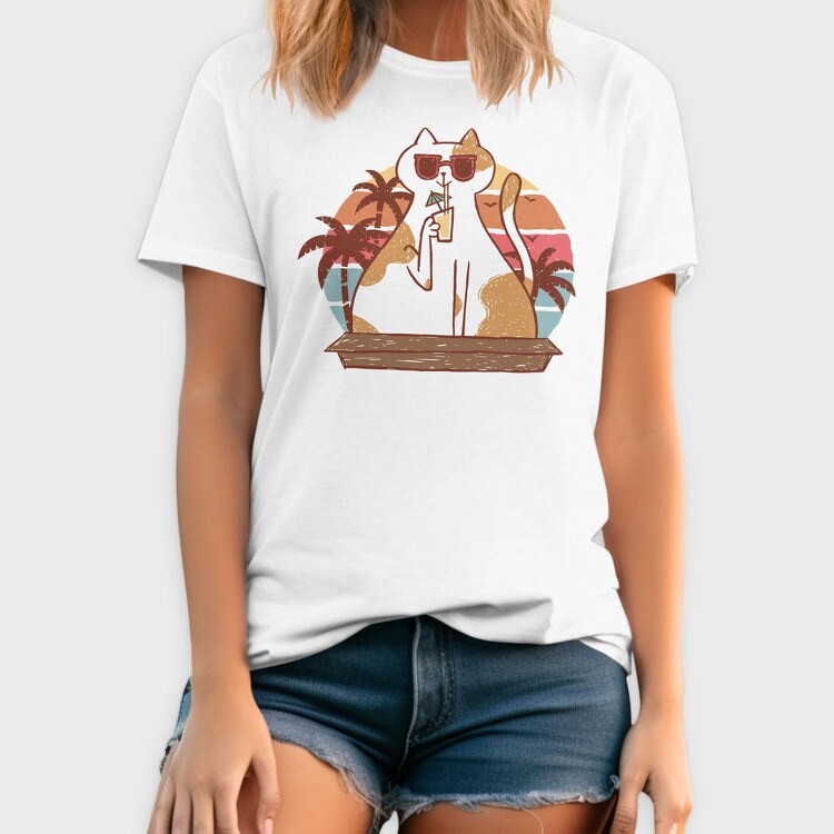 Cat With Summer Drink Retro Sunset, Tricou Barbati (Unisex)